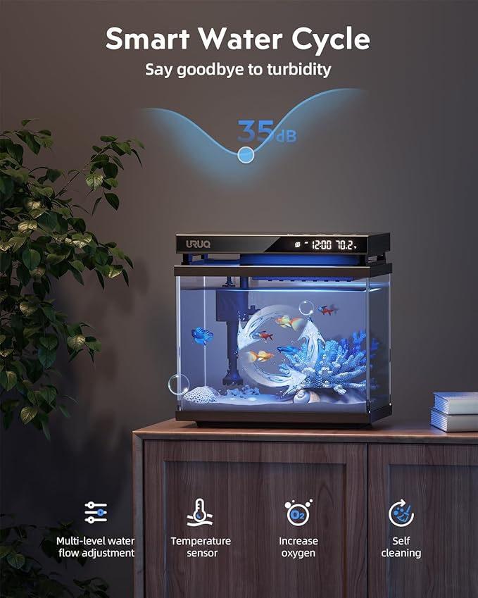 Fish Tank Smart Aquarium Kit: 2 Gallon UHD Glass Silent Water Pump Self Cleaning Multi-layer Filtration System - Temperature Sensing 7-color Lighting for Small Fish Betta Kids Room Desktop Decor Black URUQ