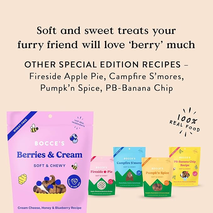 Bocce's Bakery 'Berries & Cream Treats for Dogs, Wheat-Free Everyday Dog Treats, Made with Real Ingredients, Baked in The USA, All-Natural Soft & Chewy Cookies, Cream Cheese & Blueberry, 6 oz - PAWPICO