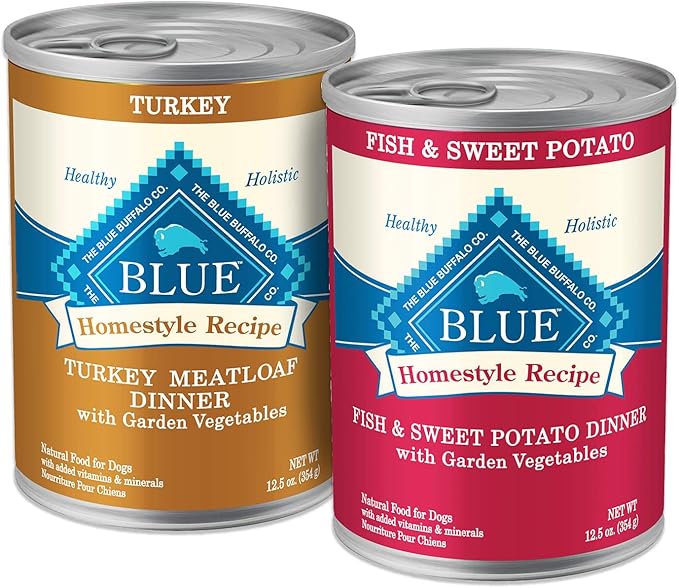 Blue Buffalo Homestyle Recipe Natural Adult Wet Dog Food, Turkey Meatloaf and Fish & Sweet Potato Bundle - PAWPICO