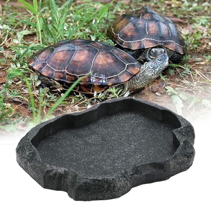 HEEPDD Reptile Bowl, Resin Rock Reptile Food and Water Feeder Pet Aquarium Ornament Terrarium Dish Plate for Tortoise Lizard Iguana(Dark Green M) PAWPICO
