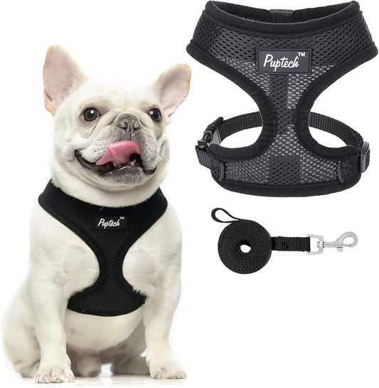 PUPTECK Soft Mesh Dog Harness and Leash Set Pet Puppy Cat Comfort Padded Vest No Pull Harnesses, Solid Black, S PUPTECK