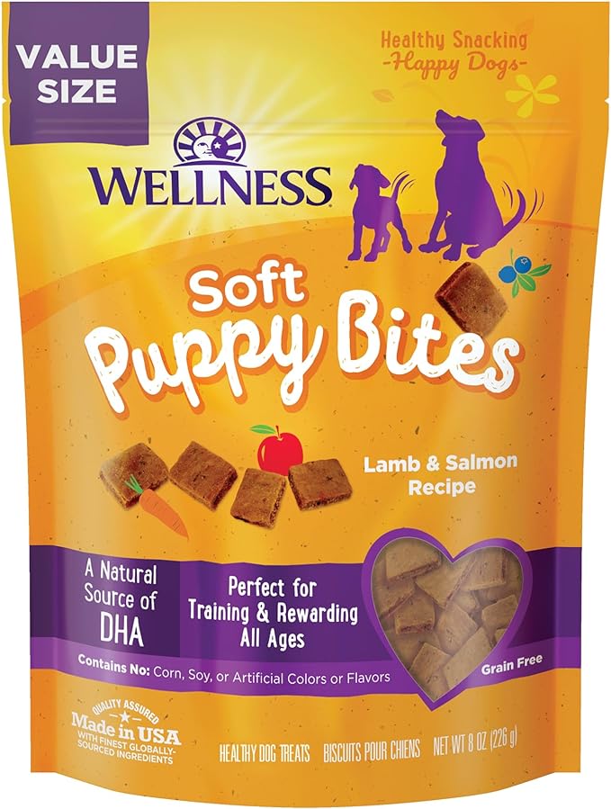 Wellness Soft Puppy Bites Healthy Grain-Free Treats for Training, Dog Treats with Real Meat and DHA, No Artificial Flavors (Lamb & Salmon, 8-Ounce Bag) - PAWPICO