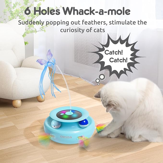 ORSDA Cat Toy, 3-in-1 Automatic Cat Toys for Indoor Cats, Electronic Whack a Mole, Fluttering Butterfly,Track Balls Kitten Toy, Rechargeable Power Interactive Feather Toys for All Breeds - PAWPICO