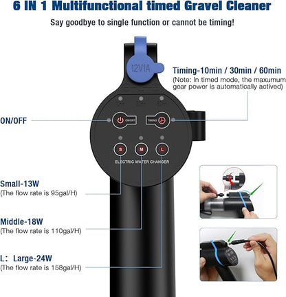 Electric Aquarium Vacuum Gravel Cleaner, 24W Fish Tank Cleaner with Adjustable Water Flow and Timed Off, Aquarium Gravel Vacuum for Automatic Water Change, Wash Sand StylusPenforiPad