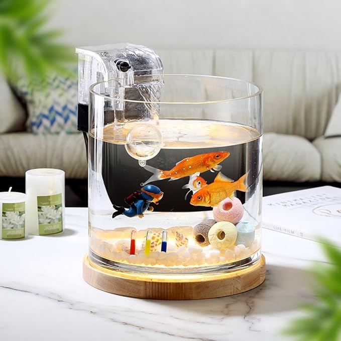 Aquarium Starter Kits 0.81-Gallon Fish Tank（6 inches） for Beginner Cylindrical Betta Fish Bowl with Wooden Base LED Light Water Pump Accessories Self-Cleaning Filter Copyright Patent PAWPICO