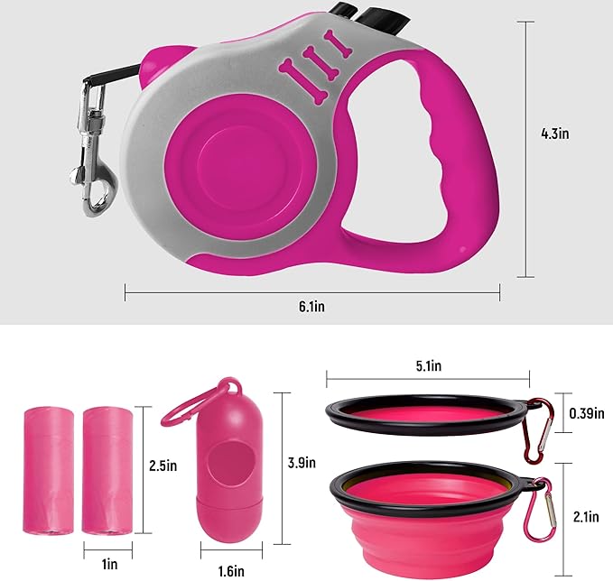 Retractable Dog Leash Automatic Telescopic Tractor Dog Tape, Pet Tape 10/16 FT Durable and Convenient, with Folding Bowl, Dispenser, Rubbish Bags, Suitable for Small and Medium Dogs LIEVUIKEN