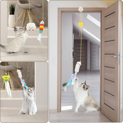 6 PCS Interactive Cat Feather Toys, Indoor Hanging Retractable Cat Toy, Self Play Toys Make Fun Excecise - PAWPICO