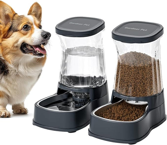 Gardner Pet Automatic Dog Water Dispenser Gravity Stainless Steel Waterer & Food Feeder Set, 100% BPA Free Large Capacity Feeding Bowls for Medium & Large-Sized Dogs Cats Other Pets -(1 Gallon x2) - PAWPICO