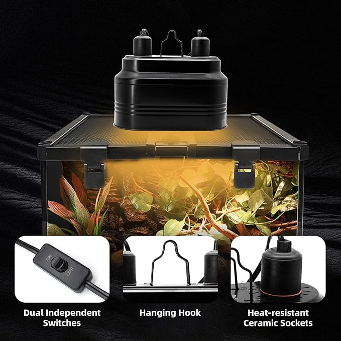 Reptile Dual Light Fixture, Reptile Heat Lamp Fixture with Separate Switches Fit for UVB Bulb Basking Heat Bulb for Reptile Glass Terrariums WelcometoMECESORReptileWorld