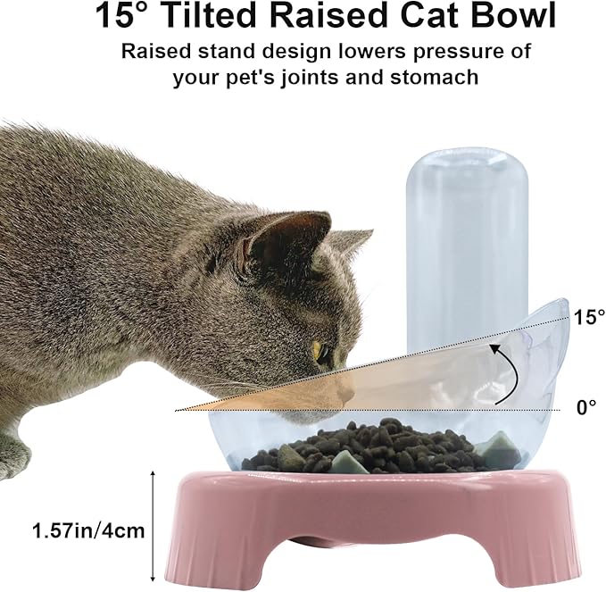 Triple Cat Bowls,15°Tilt 3-in-1 Water Feeder Bowls Cat Double Food Bowls with Automatic Water Bottle Bowl, Whisker Friendly Wet and Dry Cat Elevated Feeding Dishes for Small Cat and Puppy (Pink) - PAWPICO