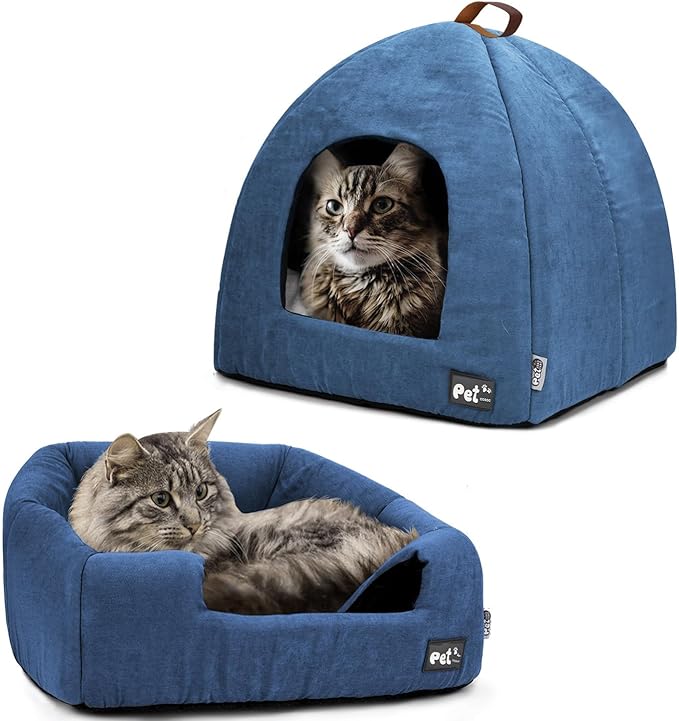 Cat Bed for Indoor Cats -Premium Pet Beds for Cats and Small Dogs, Cat Bed Cave, Comfortable Covered Cat Bed, Cat Tent, Kitten Bed, Small Animal Bed and Cat Hut with Cushioned Pillow (Large, Blue) - PAWPICO