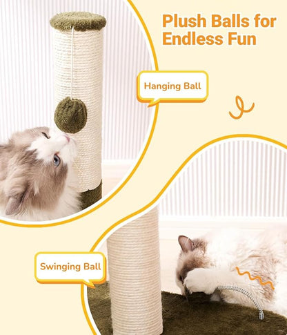 Happi N Pets 34“ Tall Cat Scratching Post for Big Cats, Natural Sisal Cat Scratchers for Indoor Cats, Heavy Duty Cat Stands Featuring with Cat Self Groomer and Hanging Toys, Free Catnip-Green - PAWPICO