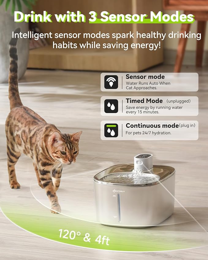 Wireless Cat Water Fountain, 135 fl oz/4L Battery Operated Cat Fountain Stainless Steel with Water Level Window, 3 Work Modes, Cordless Pet Water Fountain for Cats, Dogs, Pets, Inside - PAWPICO