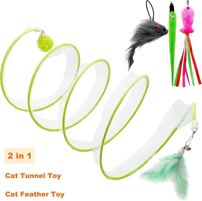 Spiral Tunnel Cat Toy, Self Play Cat Hunting Spiral Tunnel Toy Spiral Cat Toy, Folded Cat Tunnel Spring Toy for Indoor Cats (Green) - PAWPICO