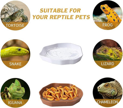 4 Pack Reptile Food Dish Bowl, Plastic Worm Water Dish Plate for Lizard Gecko Bearded Dragon Chameleon, White and Brown, 2 Sizes COMSUN