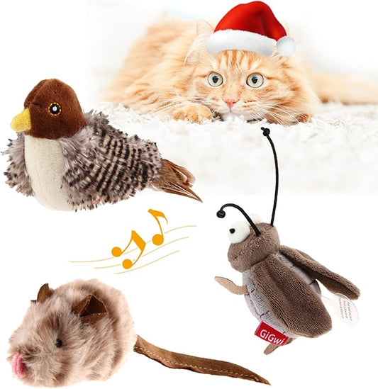 Gigwi Interactive Cat Toy Set, Squeaky Cat Feather Toys for Indoor Cats, 3PCS Cat Plush Toy Pack Including Mouse Hunt Cat Toy, Cat Chase Bird Toy, Cat Chirping Cricket Toy - PAWPICO
