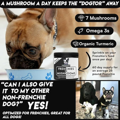 French Bulldog Optimized Mushroom Supplement for Dogs w/Turkey Tail Mushroom, Omega-3, Organic Turmeric – Mushroom Powder Super Food Topper for Dog Immune Support, Digestion, Allergies & Longevity PAWPICO