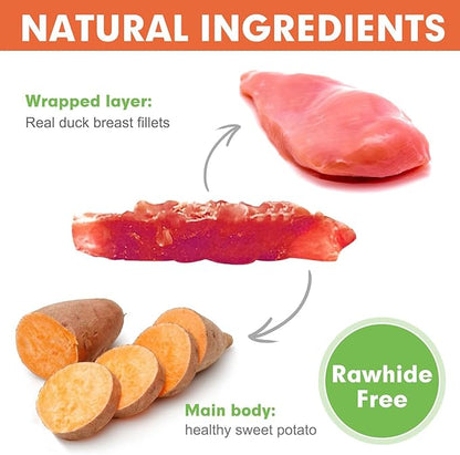 MON2SUN Dog Treats Rawhide Free Duck Wrapped Sweet Potato Dog Snacks, Gluten & Grain Free Dog Treats for Puppy and Small Dogs, (Duck, 1.56 Pound-Pack of 1) - PAWPICO