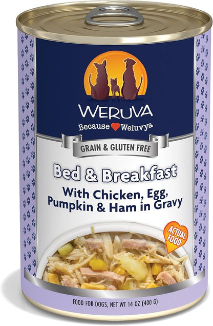 Weruva Classic Dog Food, Bed & Breakfast with Chicken, Egg, Pumpkin & Ham in Gravy, 14oz Can (Pack of 12) - PAWPICO