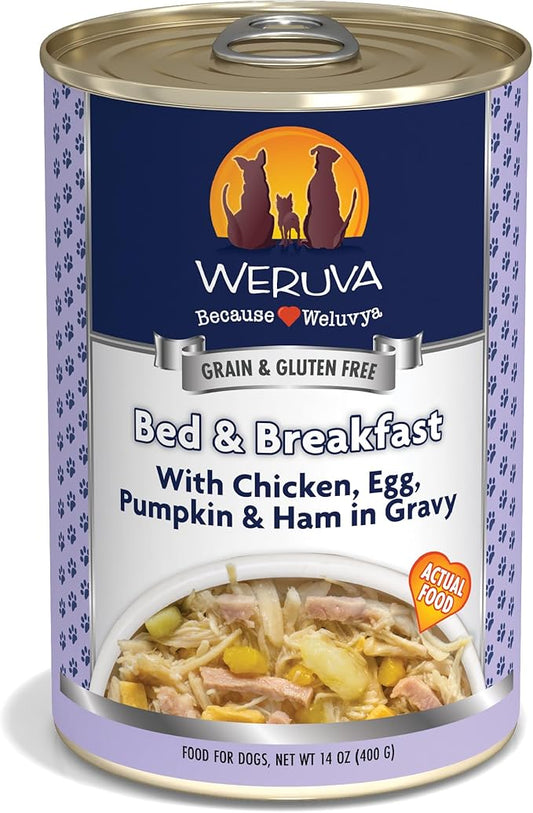 Weruva Classic Dog Food, Bed & Breakfast with Chicken, Egg, Pumpkin & Ham in Gravy, 14oz Can (Pack of 12) - PAWPICO