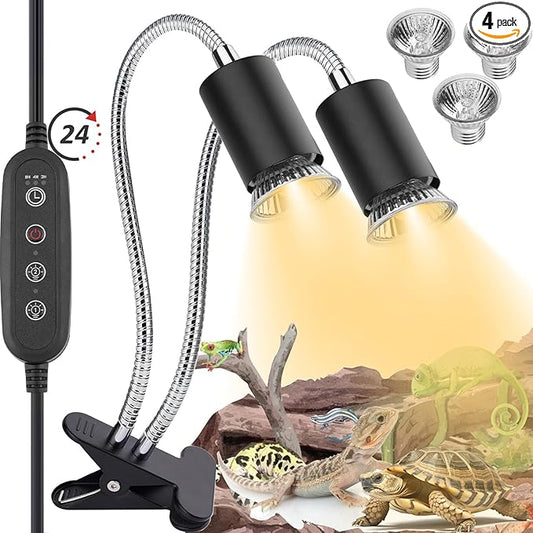 Reptile Heat Lamp,Double-Head Heating Lamp for Reptiles, UVA/B Turtle Lamp with Clamp, Separate Control, Turtle Light,Basking Light for Reptiles Bearded Dragon Turtle Snake, 3 Basking Bulbs. ZJNBMTFY
