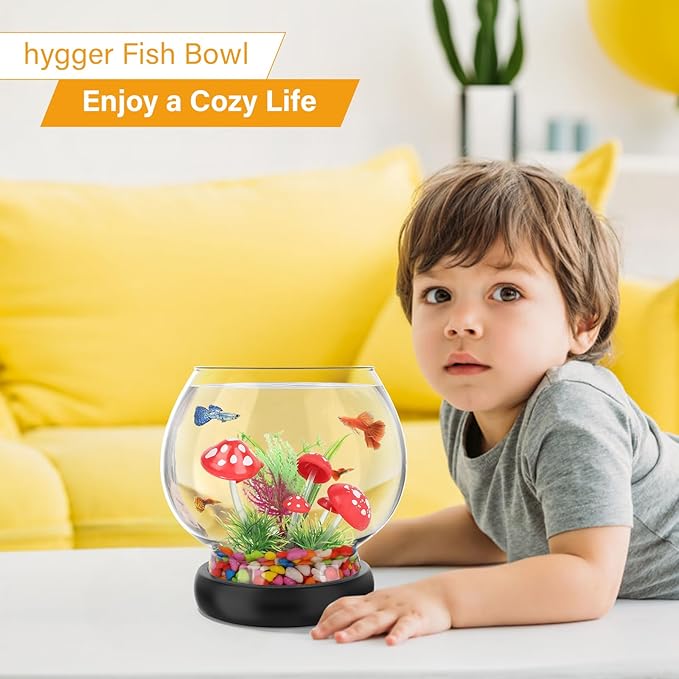 hygger 0.5 Gallon/1 Gallon Glass Fish Bowl with LED Light and Decor, Small Round Betta Fish Tank Goldfish Bowl, Round Clear Unbreakable Aquarium/Vase/Hydroponic Plant Terrarium, Nice Centerpieces hygger
