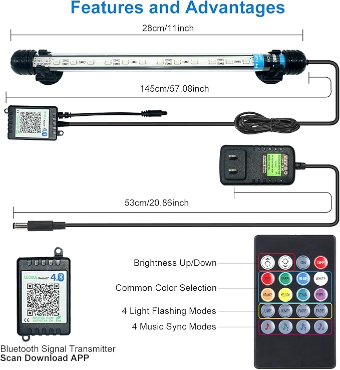 VARMHUS LED Aquarium Light,Fish Tank Light with Remote Controller&APP Control,DIY Full Spectrum Optional Color&Intelligent Timing and Dimming,29 Light Modes and 4 Music Control Modes 12LEDS-RGB 11'' VARMHUS