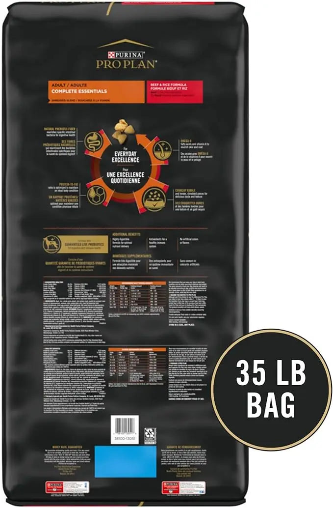 Purina Pro Plan Complete Essentials Shredded Blend Beef and Rice Dog Food Dry Formula with Probiotics for Dogs - 35 lb. Bag - PAWPICO