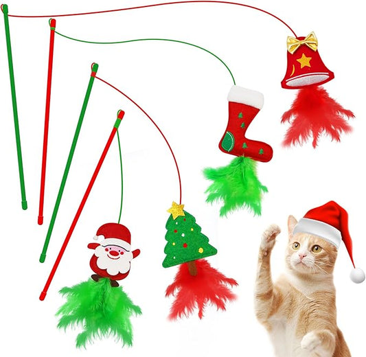 Christmas Cat Toys，4 Pack Cat Wand Toys for Indoor Cats, Cat Gifts with Catnip and Feathers for Christmas, Christmas Cat Wand for Cats and Kitten - PAWPICO