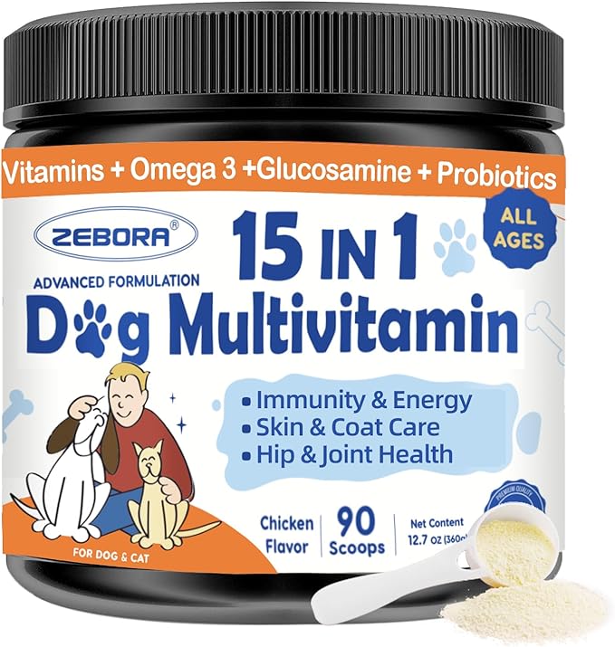 Dog Multivitamin Powder with Glucosamine, Dog Vitamins and Supplements for Immune Support, Dog Skin and Coat Supplement with Omega 3 for Allergy Relief, Probiotics for Dog Support Digestive Health ZEBORA