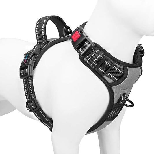 PHOEPET No Pull Dog Harness Medium Reflective Front Clip Vest with Handle,Adjustable 2 Metal Rings 3 Buckles,[Easy to Put on & Take Off](XL, Grey) - PAWPICO