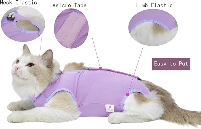 Cat Recovery Suit Female Kitten Cat Onesie for Cats After Surgery Female Spay Surgical Abdominal Wound Skin Diseases Cone Collar Soft Alternative Wear (Purple, M) Acoutpet