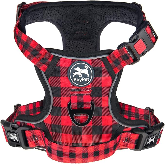 PoyPet No Pull Dog Harness, [Release at Neck] Reflective Adjustable No Choke Pet Vest with Front & Back 2 Leash Attachments, Soft Control Training Handle, Plaid(Checkered Red, M) PoyPet