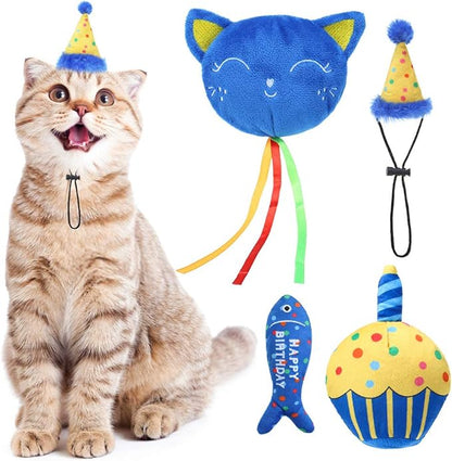 BINGPET Cat Birthday Catnip Toys for Indoor Cats,Cat Birthday Hat and Cat Birthday Cake Interactive Plush Kitten Chew Toys,Cute Cake, Fish,Balloon Toys with Crinkle Paper and Catnip Inside Cat Gifts - PAWPICO