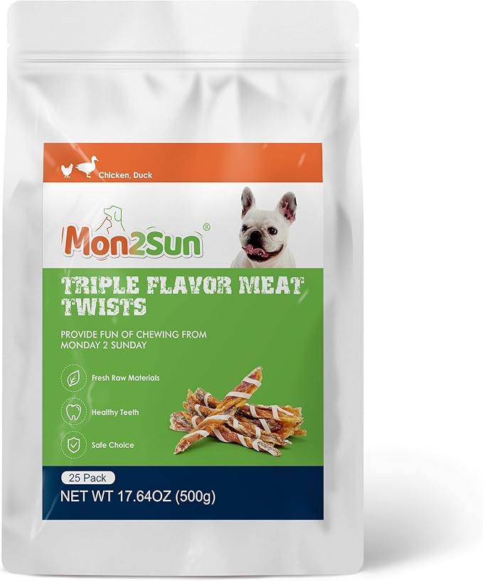 MON2SUN Dog Treats, Triple Flavor Jerky Twist Sticks, 5-7 Inch Chicken Duck and Codfish Sticks Dog Chews for Small Dogs, Healthy Dog Snacks, 17.64 oz (25 Count-Pack of 1) - PAWPICO