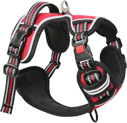 Timos Dog Harness Medium Sized, No Pull Dog Harness with Neck Lockable Snap,No Choke Front Clip Dog Reflective Harness,Adjustable Metal Rings 3 Buckles,Easy Control Handle for Medium Dogs Red M Timos