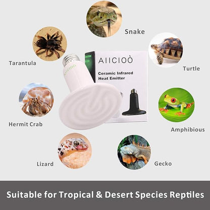 Reptile Heat Lamp Bulb -60W Ceramic Heat Emitter No Harm No Light Infrared Heater Lamp for Chicken Coop Lizard Aquarium Snake Outside Dogs Brooder 110V,White AIICIOO