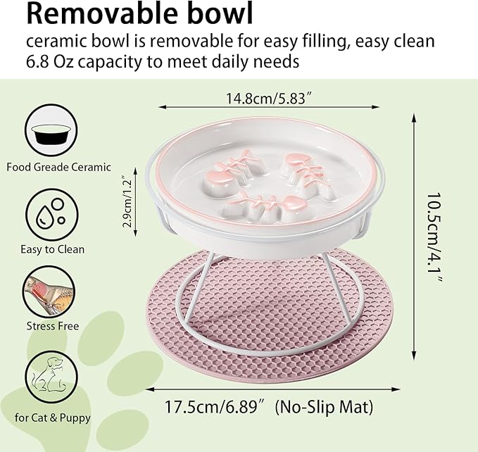 Raised Cat Dog Slow Feeder Bowl with Stand, Cat Slow Bowl for Wet Food and Dry Food, Stop Vomit and Choking, Slow Down Eating Speed, Ceramic Elevated Slow Cat Bowls, Whisker Friendly Pet Puzzle Feeder - PAWPICO