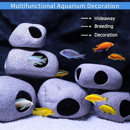 Ceramic Fish Tank Decorations, Betta Fish Tank Accessories Rock Caves, Stackable Aquarium Cichlid Cave, Betta Fish Hideout and House, Small Hiding Rock for Fish Bowl (2 PCS Oval Style A) MUNLITbrandpetsupplies