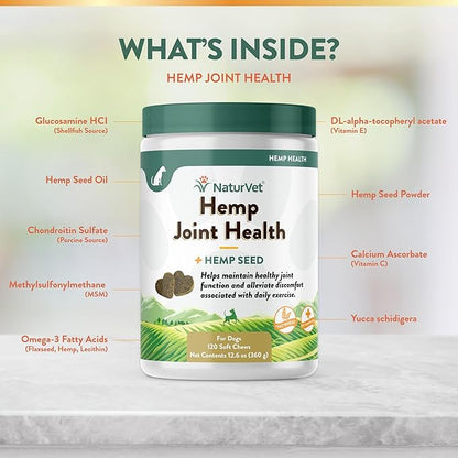 NaturVet – Hemp Joint Health For Dogs - Plus Hemp Seed | Supports Overall Joint Health | Enhanced with Glucosamine, MSM, Chondroitin & Antioxidants | 120 Soft Chews NaturVet