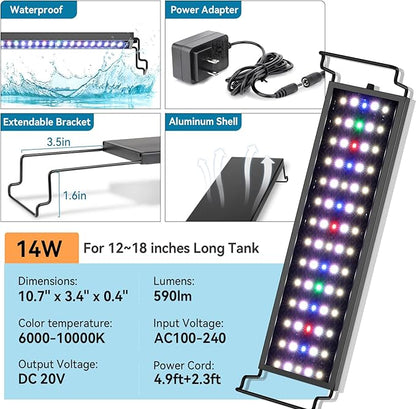 hygger Aquarium LED Light Fish Tank Full Spectrum Lighting with 24/7 Day-Night Cycle Mode & Auto On/Off Timer, 7 Colors Options, Dimmable, Extendable Bracket for 12~18inch Freshwater Plant Tank hygger
