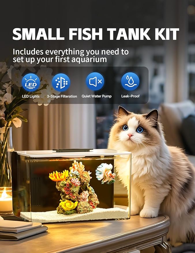 Betta Fish Tank Small Aquarium with 3 Stage Filtration, Light, Self Cleaning, 2.5 Gallon Beta Tank Starter Kit for Goldfish, Shrimp, Guppy, Jellyfish REDTAILFISH