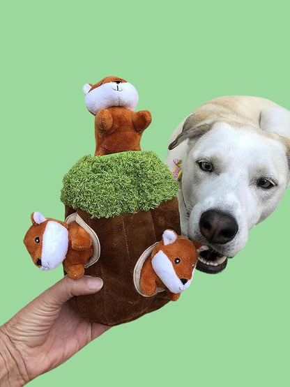 Fox in Tree Hide and Seek Dog Toy for Small and Medium Size Dogs, Plush Fox Inside Trunk Dog Toy with Squeaker, Interactive Burrow Dog Toy (Tree with Fox, Small) - PAWPICO
