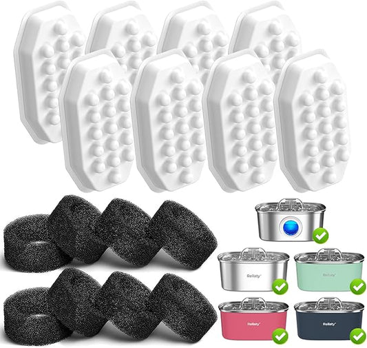 Cat Water Fountain Stainless Steel 8 Filters Replacement & 8 Pre-Filter Sponges - PAWPICO