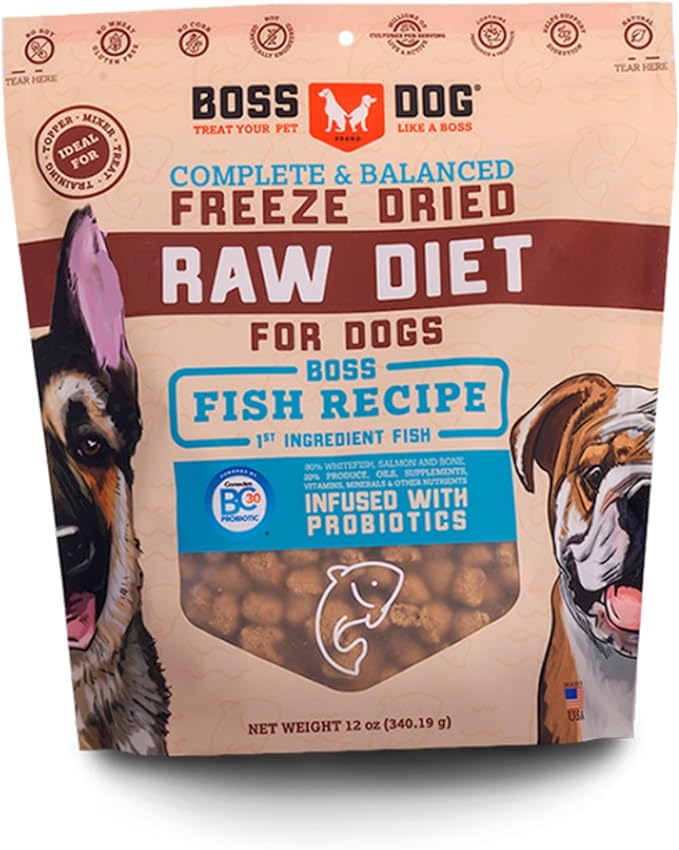 Complete & Balanced Freeze Dried Raw Diet for Dogs, Fish Recipe, 12 oz Bag BossDogBrand