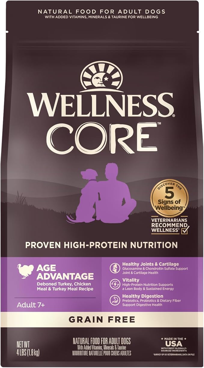 Wellness CORE Grain-Free Senior Dry Dog Food, Made in USA with Natural Ingredients, No Meat by-Product, Fillers, Artificial Flavors, or Preservatives (4-Pound Bag, Turkey) - PAWPICO