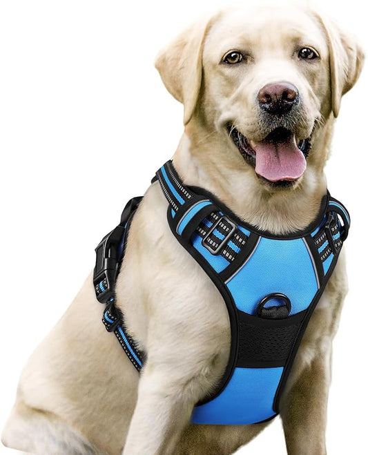rabbitgoo Dog Harness No Pull with 2 Leash Clips, Adjustable Soft Padded, Reflective Oxford No Choke Pet Vest with Easy Control Handle for Large Dogs, Blue, L rabbitgoo