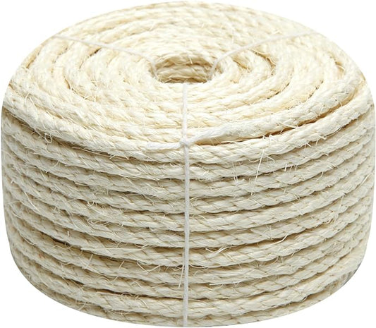 Natural Sisal Rope 1/4 Inch 6mm 164-Feet for Cat Scratching Post Tree Tower Replacement Repair and Replace, DIY Hemp Twine Rope for Cat Scratching Furniture Window Perch and Crafts Gardening - PAWPICO