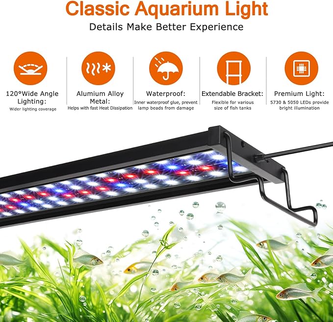 AQQA Fish Tank Light Full Spectrum LED Aquarium Light Waterproof Plants Light with 14 Colors Build-in Timer Dimmable Light with Extendable Brackets for Fish Tank 24-31 Inch (22W) AQQA
