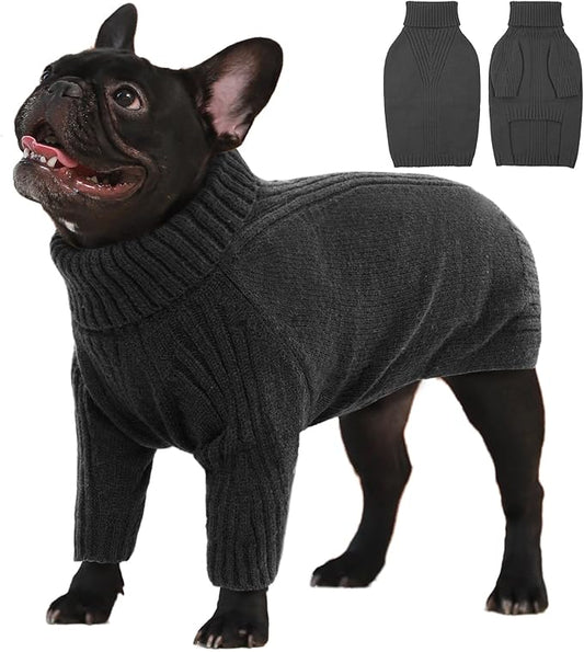IECOii Large Dog Sweater,Pet Dog Sweaters for Large Dogs Boy,Thanksgiving Fall Doggie Sweatshirt,Turtleneck Thick Warm Girl Dog Sweater,Winter Knitwear Clothes for Corgi,French Bulldog(Grey L) - PAWPICO